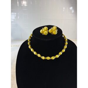 Vintage Yellow Moonglow Bead Necklace and Clip On Earrings Set Mid Century Retro